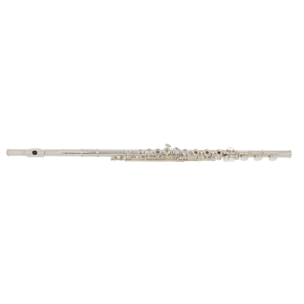 A silver flute in front of a white background