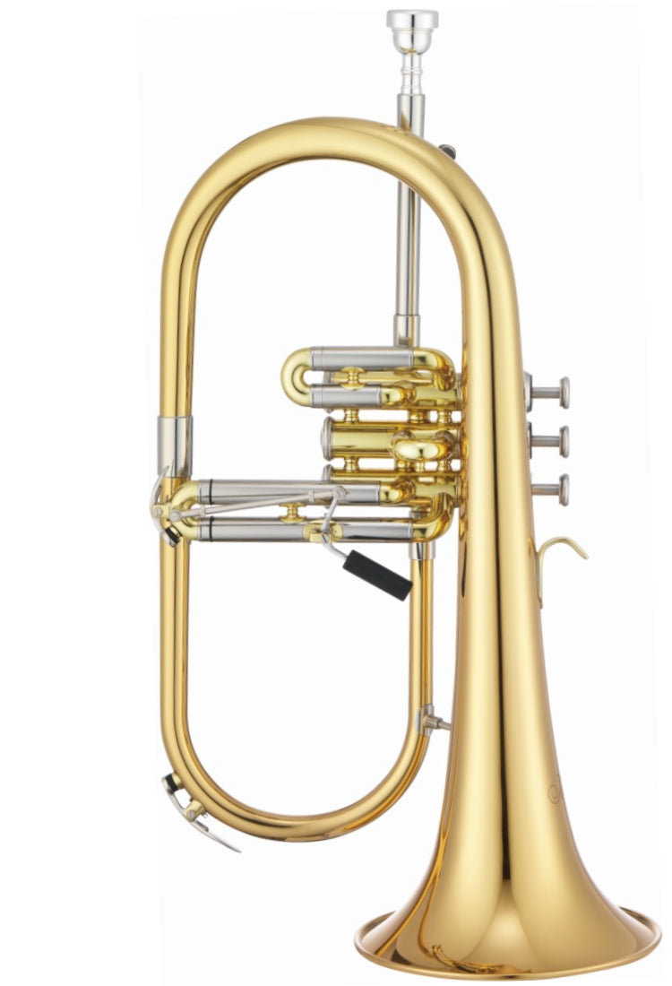 A brand new flugelhorn in lacquer against a white background