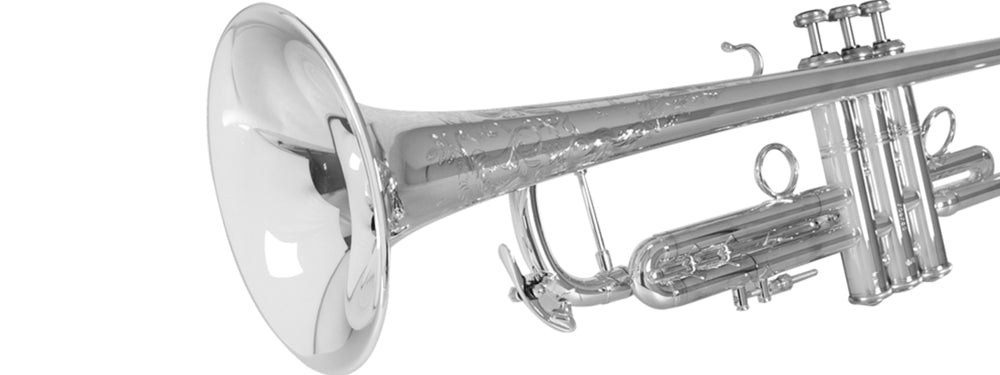 Bach trumpet in silver plate with ornate engraving