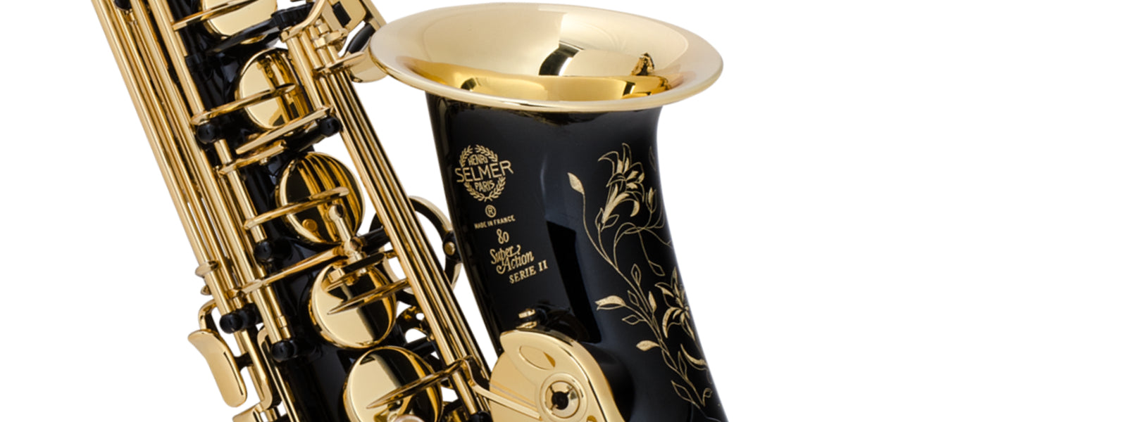 Selmer Paris saxophone in black lacquer with ornate bright brass engraving