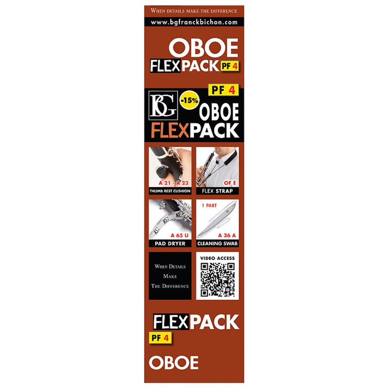 BG Model PF4 Pack for Oboe (Flex Strap, Swab, Thumb Rest Cushions, Pad Dryer)- for sale at BrassAndWinds.com